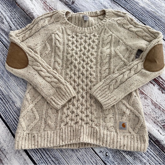 Carhartt Oatmeal Tan Wool Blend Cable Knit Sweater With Elbow Patch - Picture 2 of 10